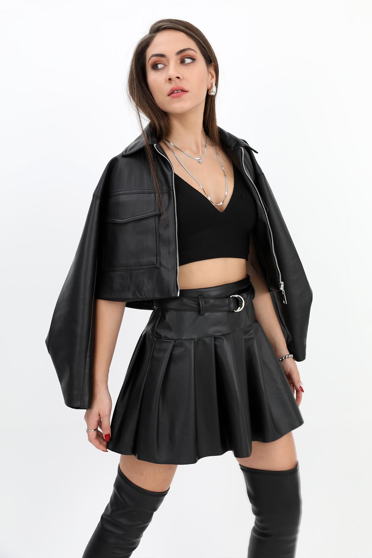 Women's Skirt Pleated Belted Leather - Black - STREETMODE ™