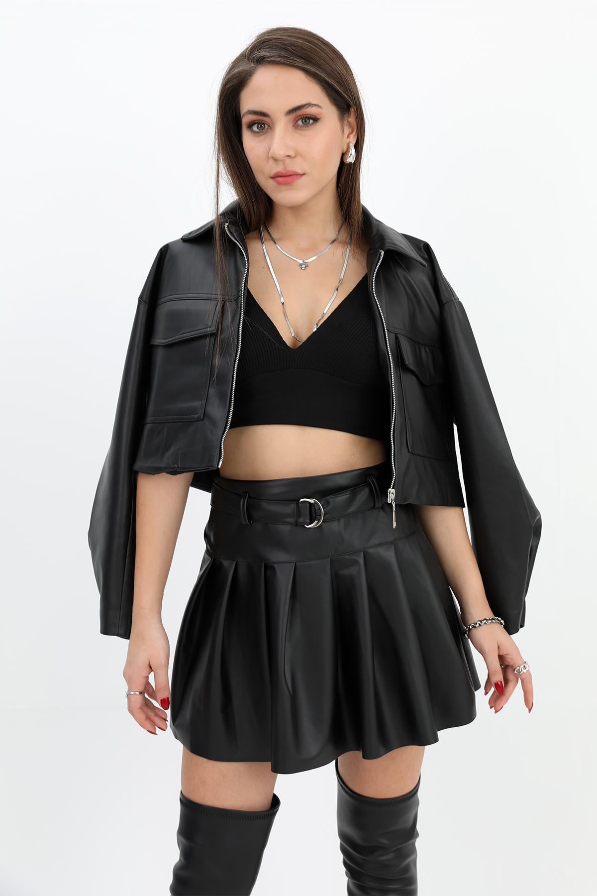 Women's Skirt Pleated Belted Leather - Black - STREETMODE ™