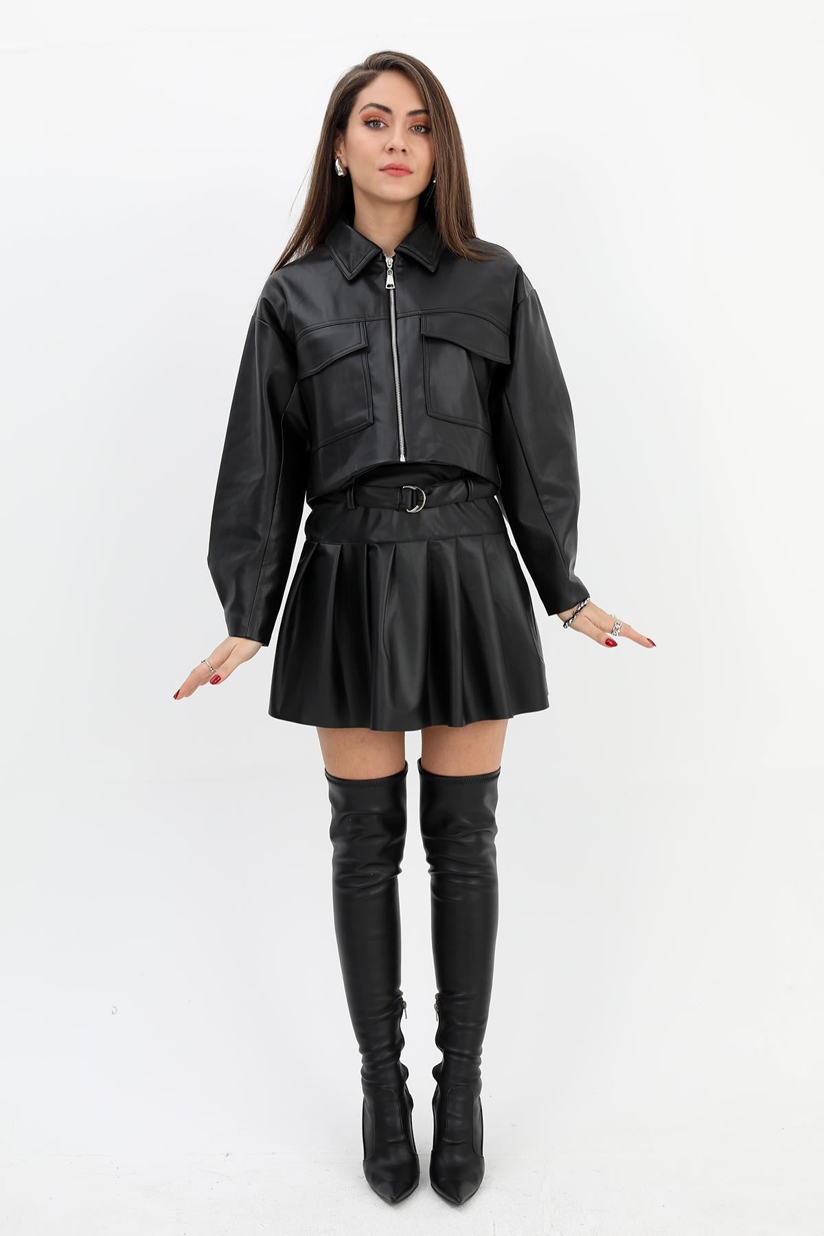 Women's Skirt Pleated Belted Leather - Black - STREETMODE ™