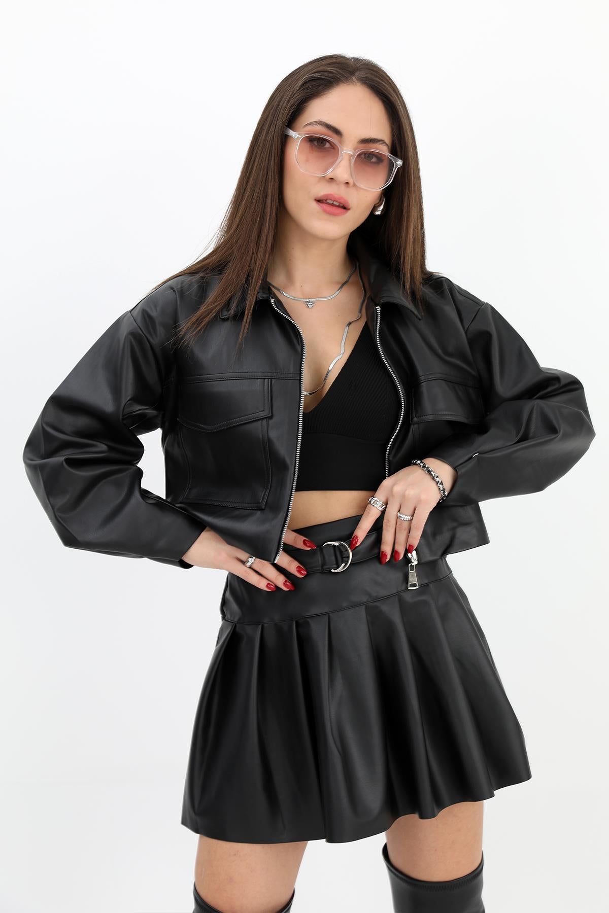 Women's Skirt Pleated Belted Leather - Black - STREETMODE ™