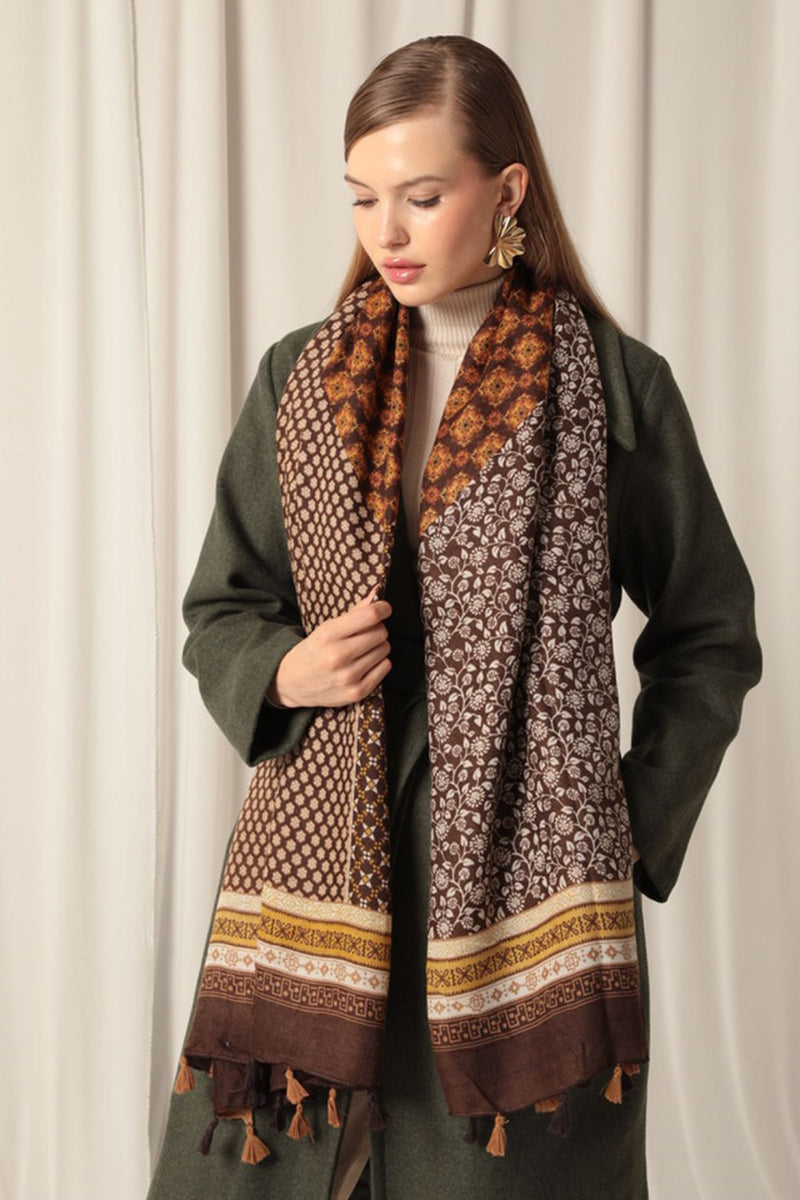 Ethnic Patterned Tassel Women's Camel Shawl - STREETMODE ™