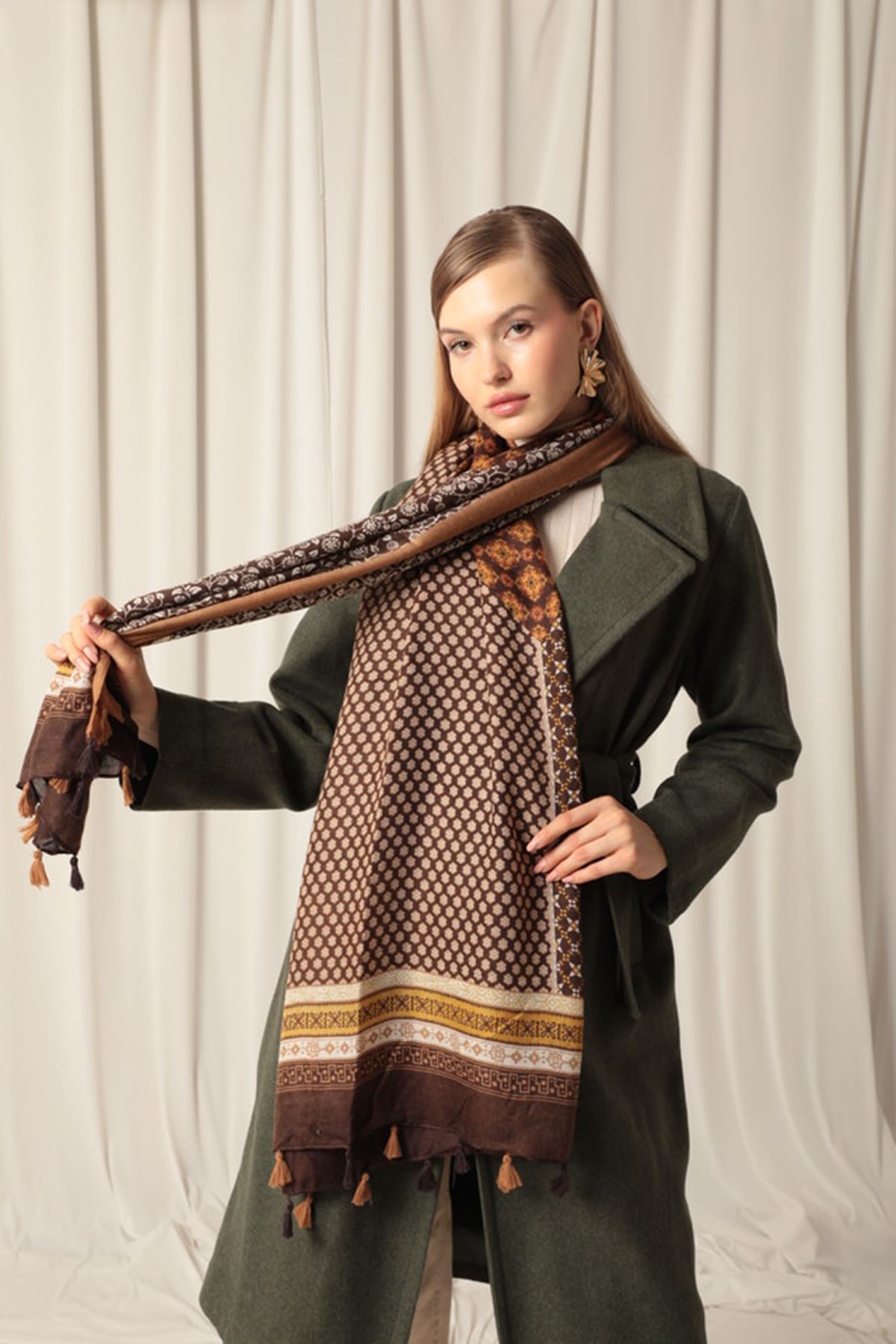 Ethnic Patterned Tassel Women's Camel Shawl - STREETMODE ™