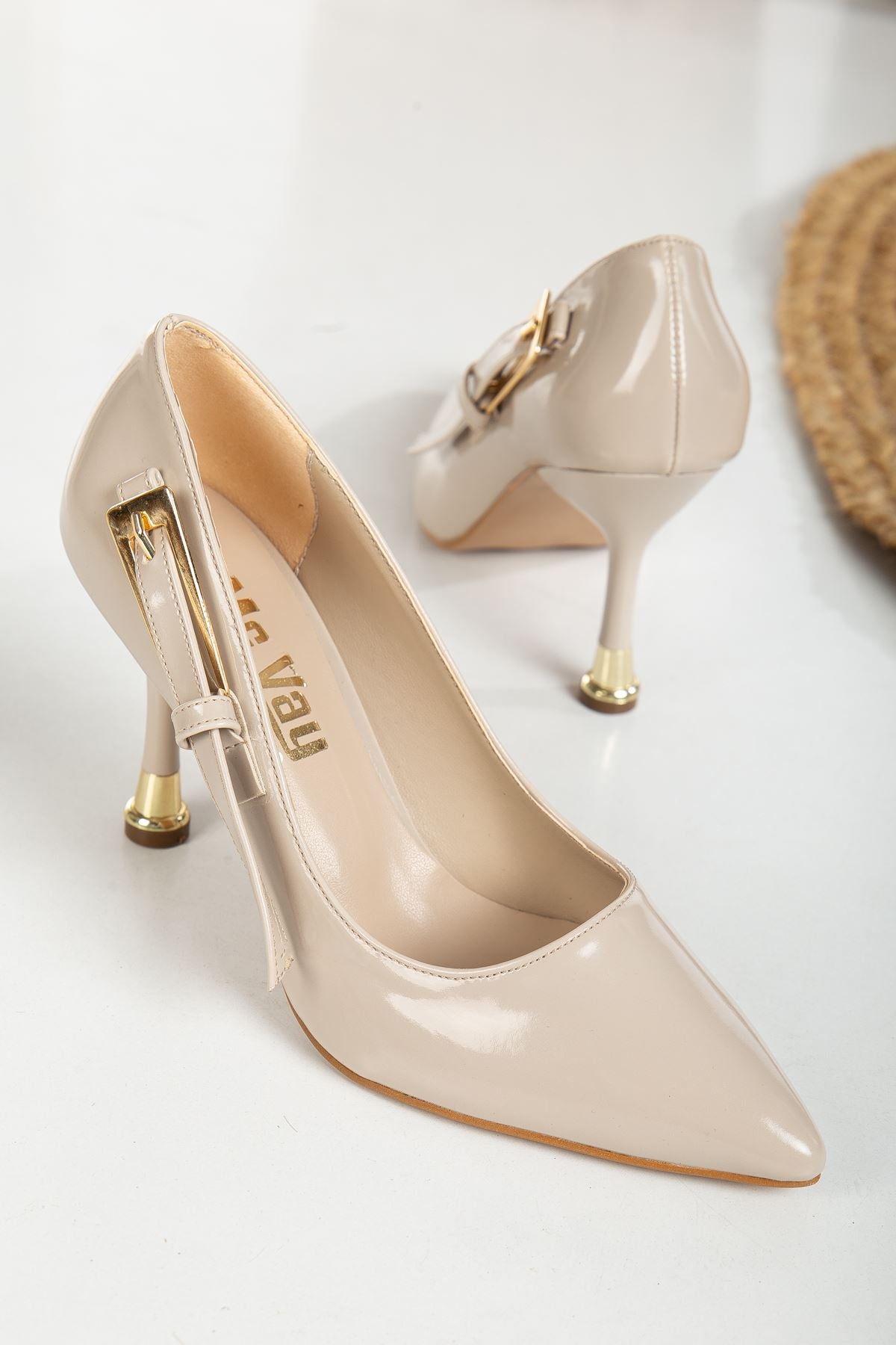 Women's Beige Buckle Detail Pointed Toe Stiletto