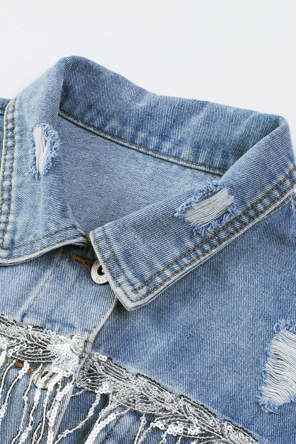 Sequin Fringe Trim Distressed Button Up Women Denim Jacket