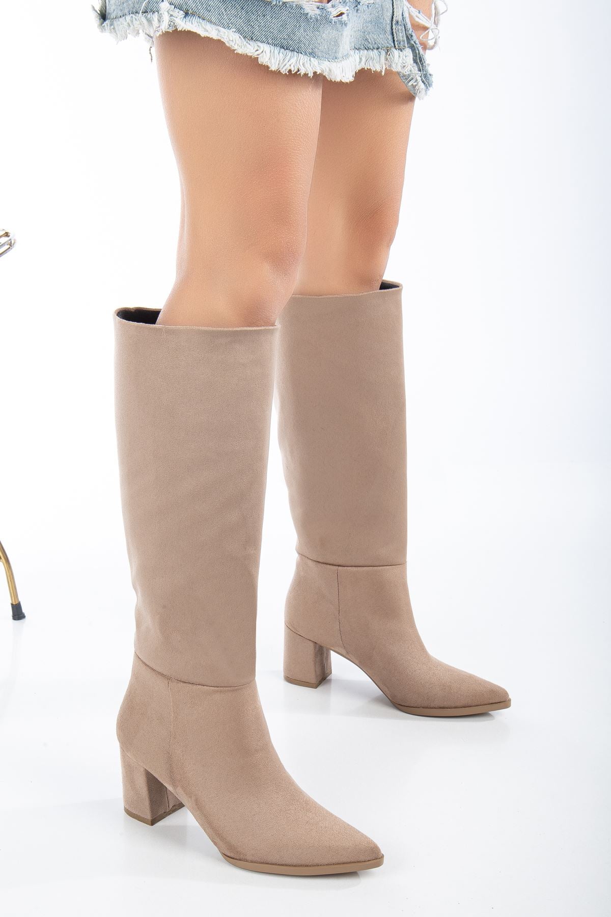 Women's Nude Suede Pointed Toe Pull-On Boots