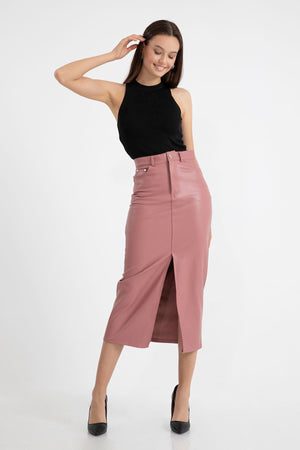 Faux Leather Tight Fit Slit Midi Skirt - Light Pink - STREETMODE ™