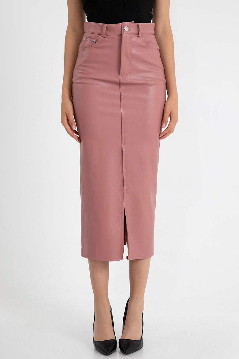 Faux Leather Tight Fit Slit Midi Skirt - Light Pink - STREETMODE ™