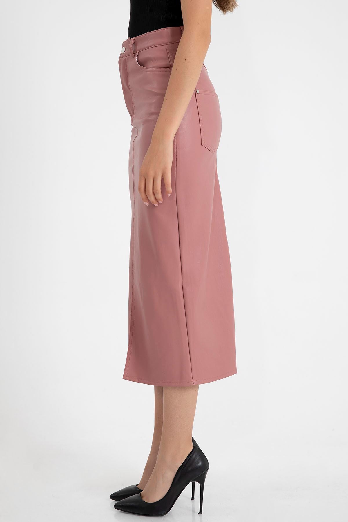 Faux Leather Tight Fit Slit Midi Skirt - Light Pink - STREETMODE ™