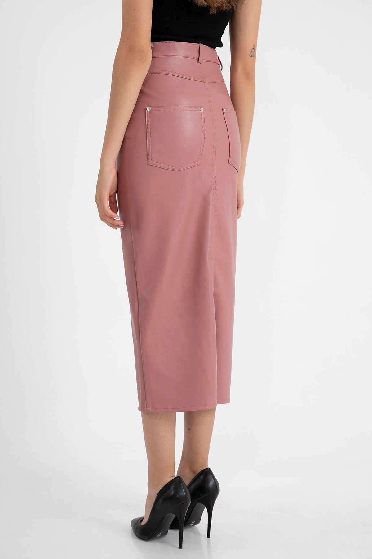 Faux Leather Tight Fit Slit Midi Skirt - Light Pink - STREETMODE ™