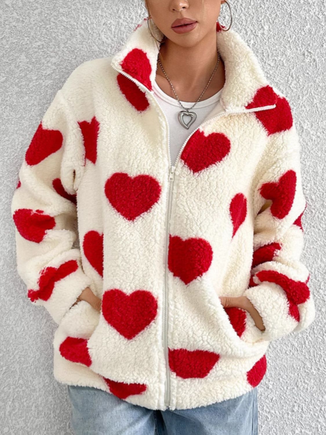 Heart Zip Up Drop Shoulder Furry Women Jacket - STREETMODE ™