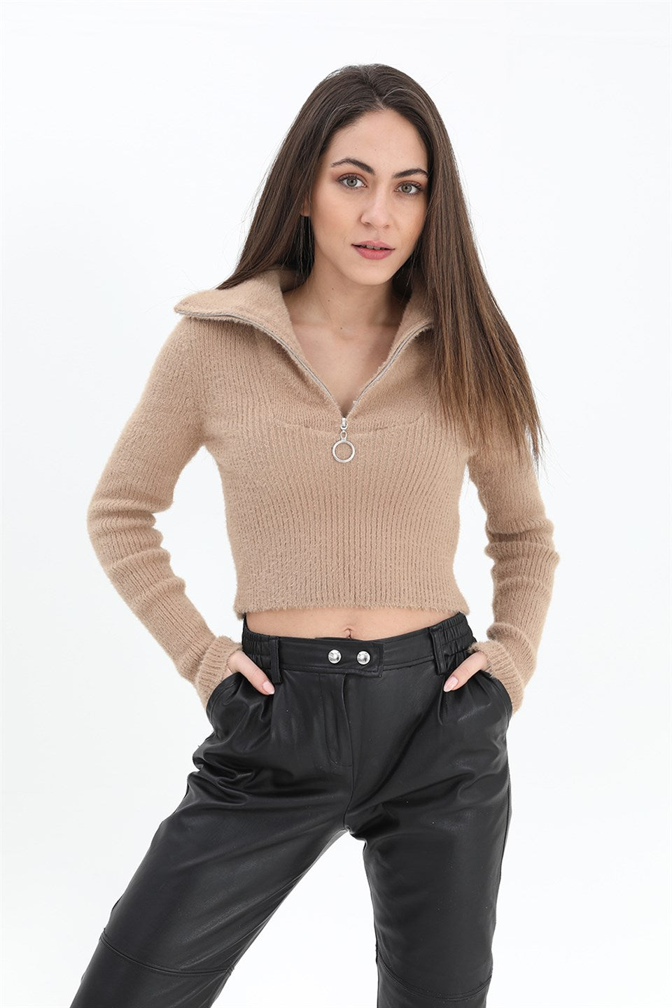 Women's Zipper Corduroy Knitwear Sweater - Camel - STREETMODE ™