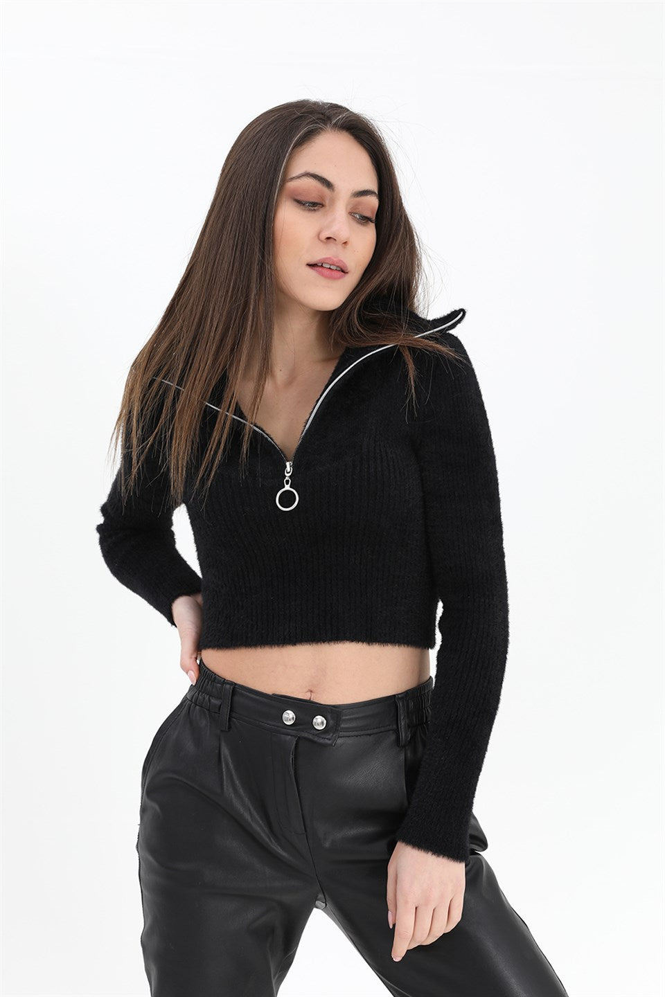 Women's Zipper Corduroy Knitwear Sweater - Black - STREETMODE ™