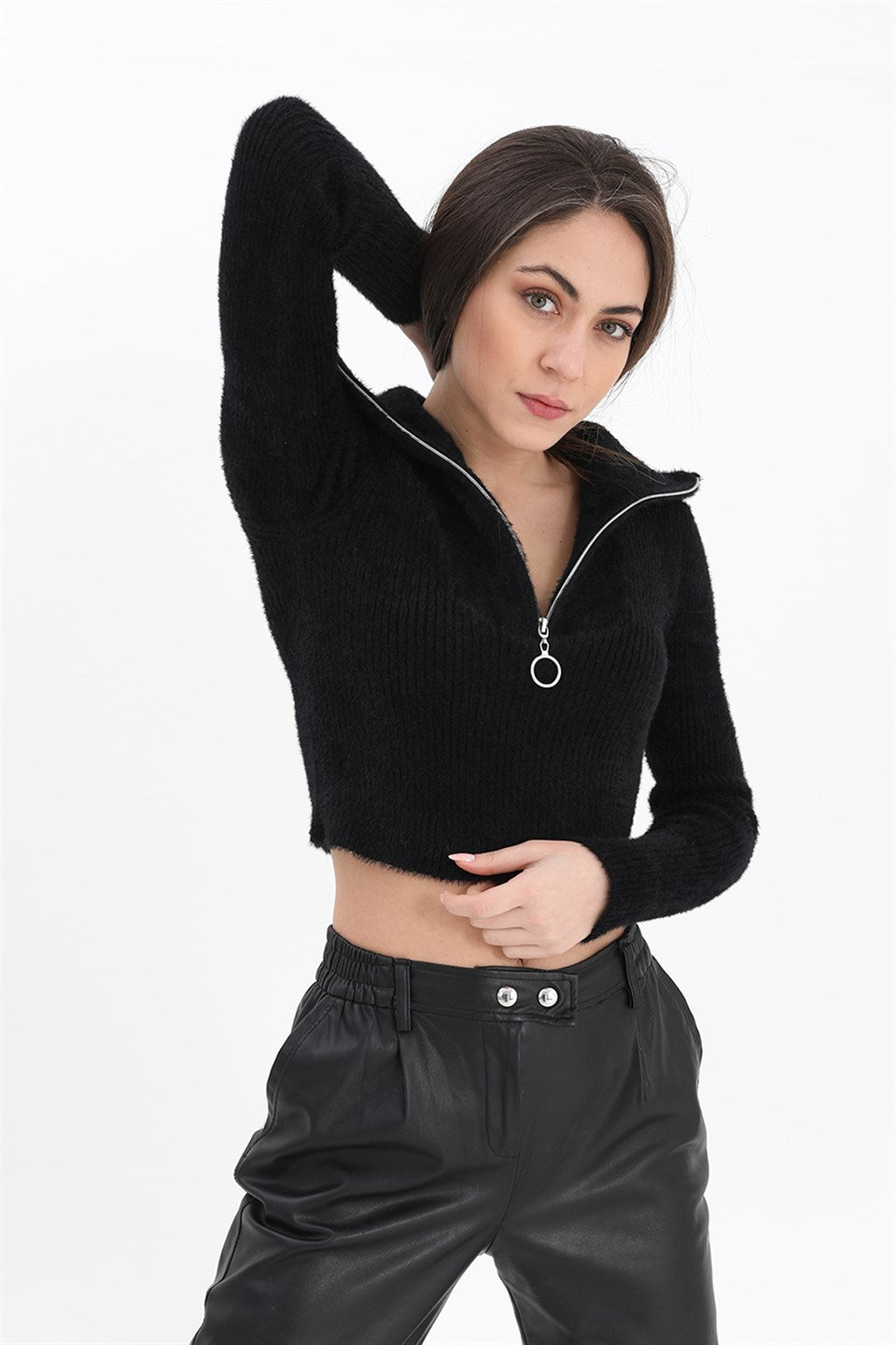 Women's Zipper Corduroy Knitwear Sweater - Black - STREETMODE ™