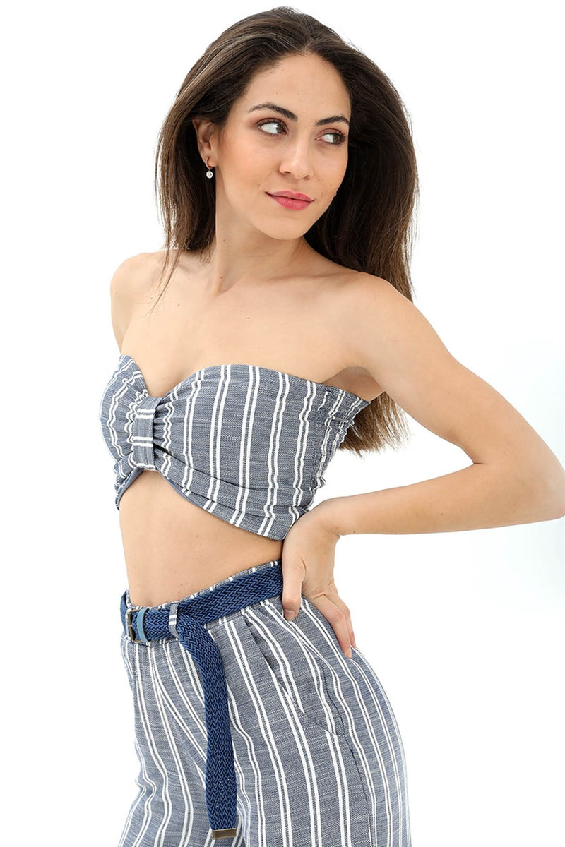 Women's Bow Detail Striped Linen Bustier - Indigo - STREET MODE ™