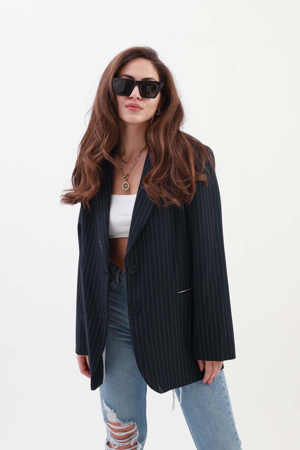 Women's Pocketed Narrow Striped Polyviscon Blazer Jacket - Navy Blue - STREETMODE ™