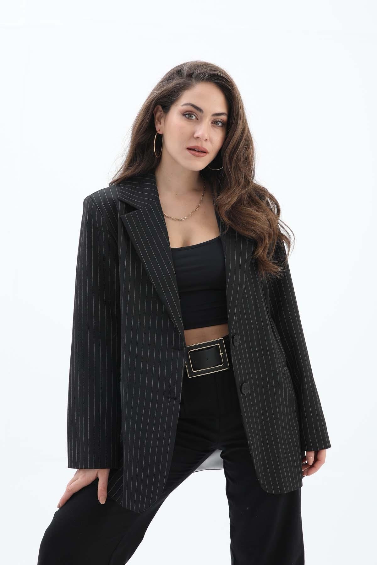 Women's Pocketed Narrow Striped Polyviscon Blazer Jacket - Black