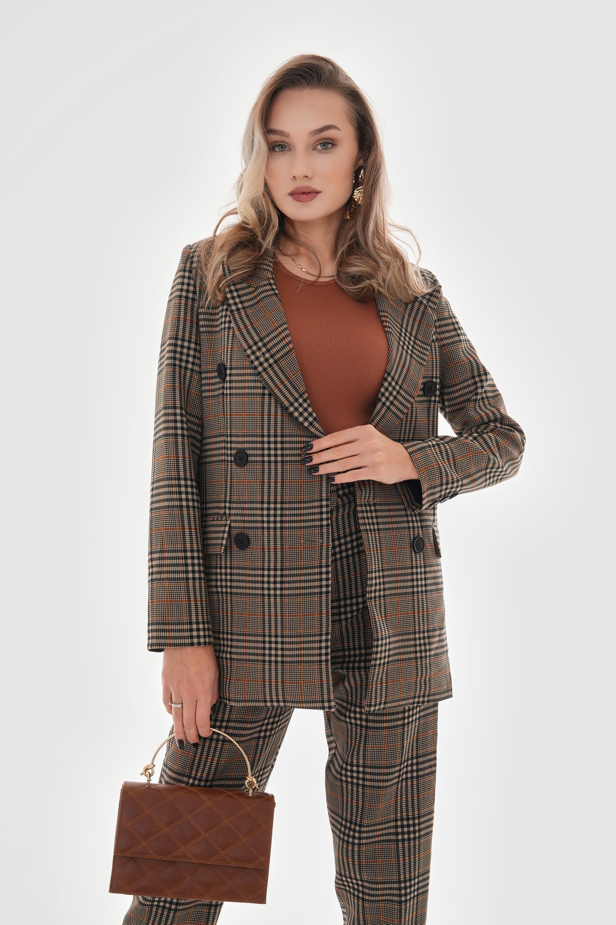 Women's Double Breasted Plaid Jacket with Pockets - Mink