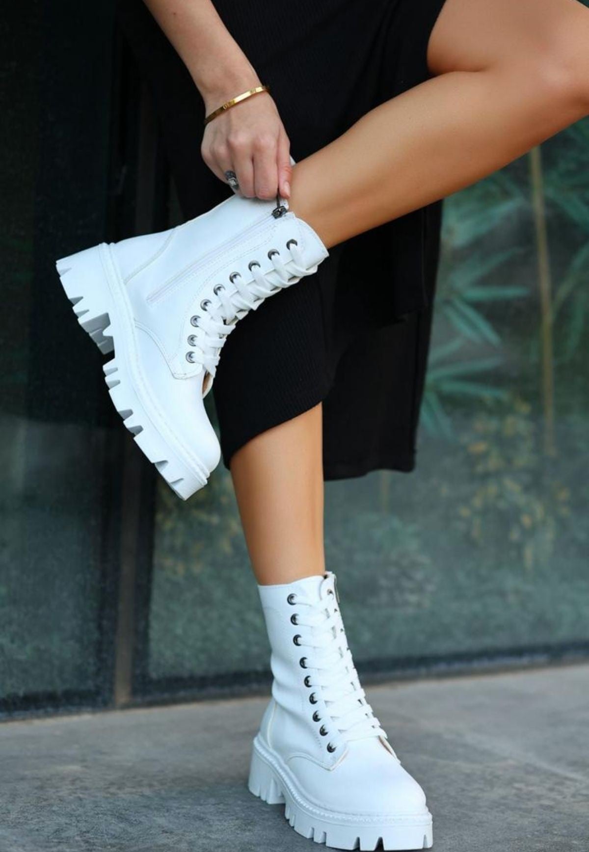 Women's White Leather Lace Up Boots - STREETMODE ™