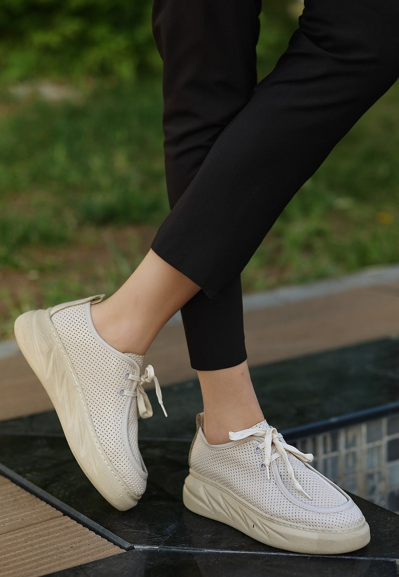 Women's Freya Beige Leather Lace-Up Sports Shoes - STREETMODE ™