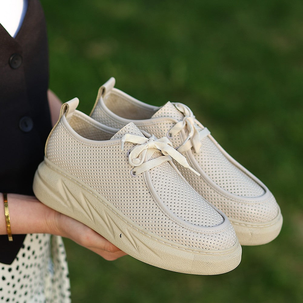 Women's Freya Beige Leather Lace-Up Sports Shoes - STREETMODE ™