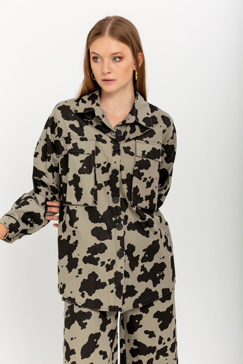 Gabardine Fabric Long Sleeve Shirt Collar Oversize Cow Print Women Jacket - Grey - STREETMODE ™