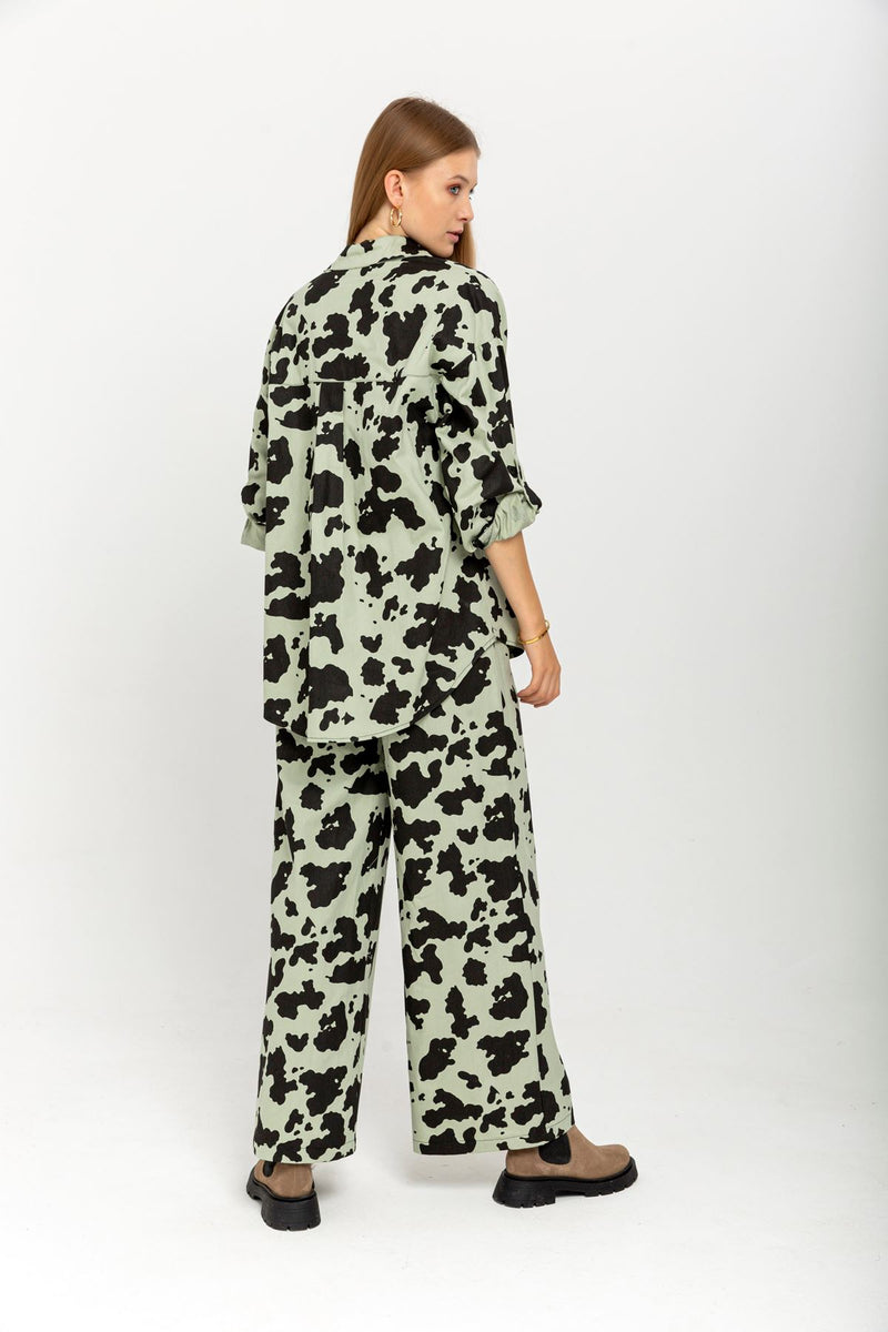 Gabardine Fabric Long Wide Cow Print Women'S Trouser - Mint - STREETMODE ™