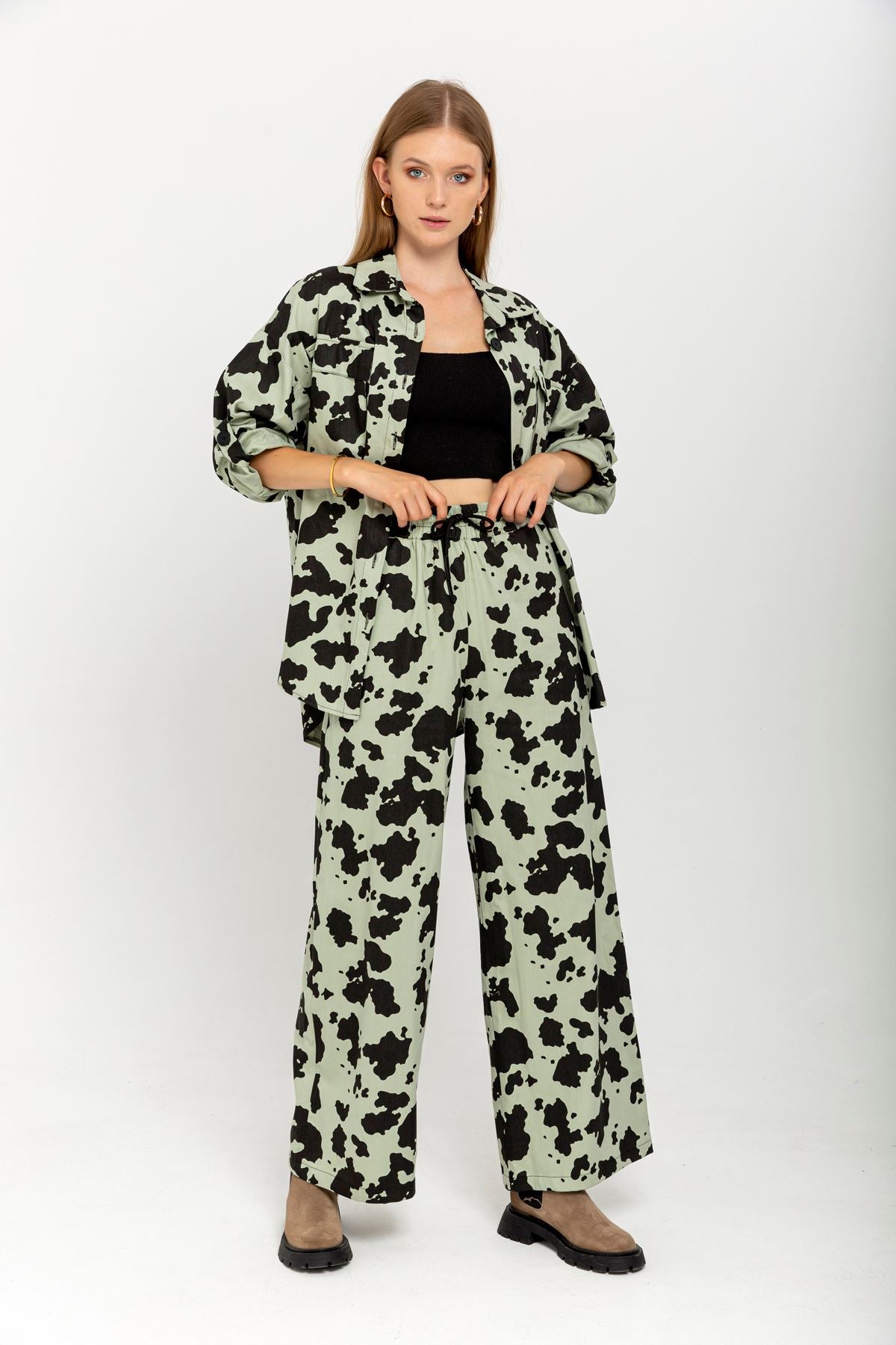 Gabardine Fabric Long Wide Cow Print Women'S Trouser - Mint - STREETMODE ™