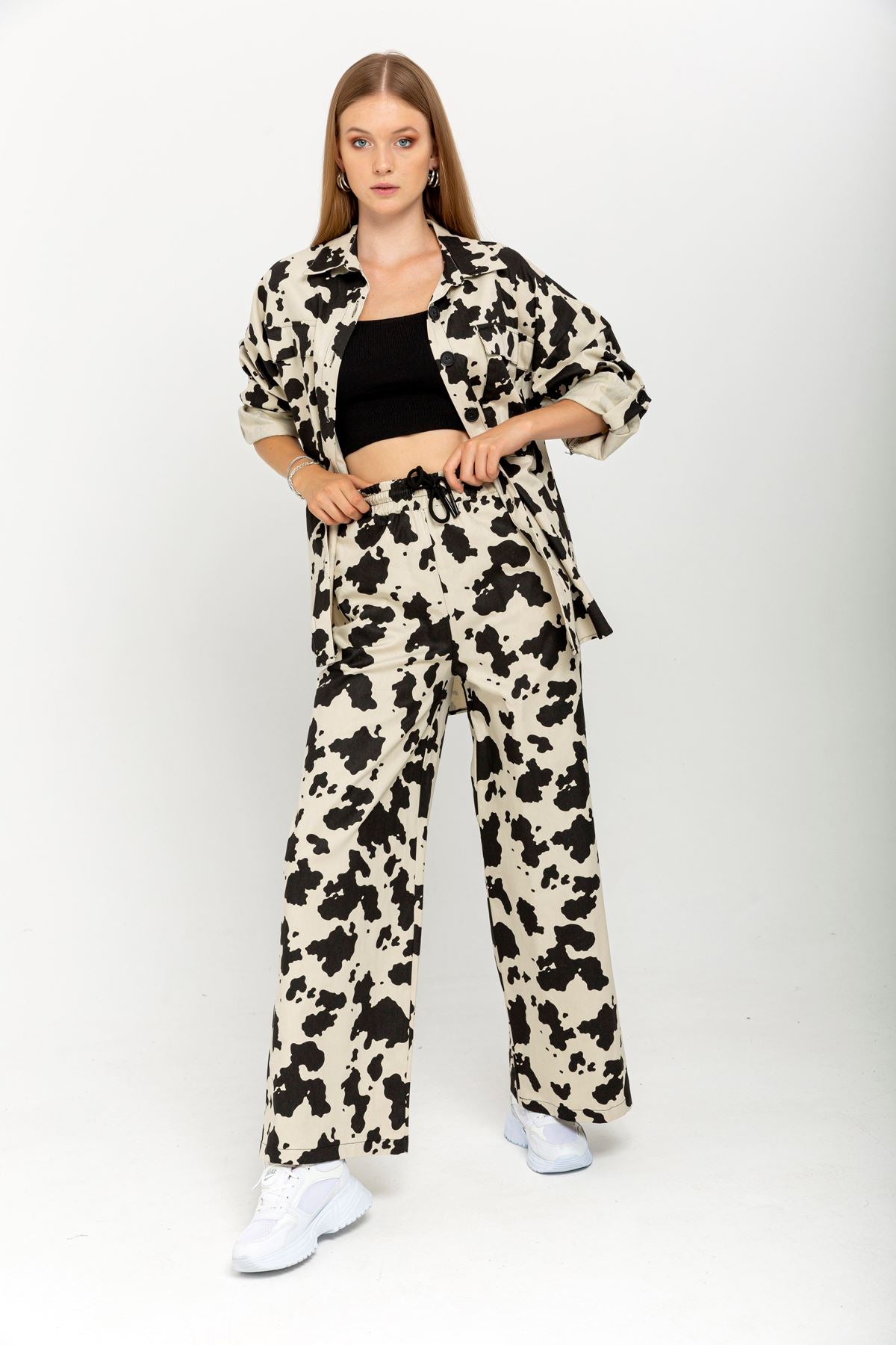 Gabardine Fabric Long Wide Cow Print Women'S Trouser - Stone - STREETMODE ™