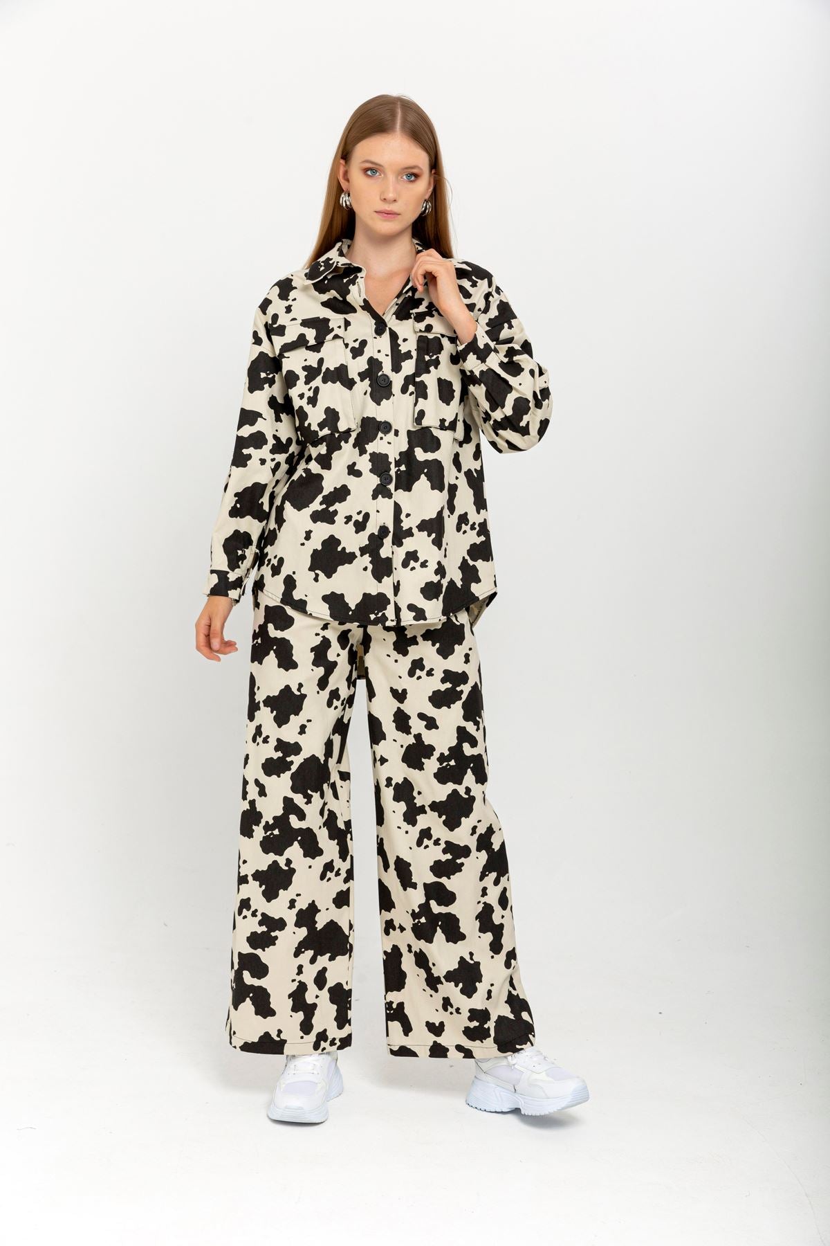 Gabardine Fabric Long Wide Cow Print Women'S Trouser - Stone - STREETMODE ™