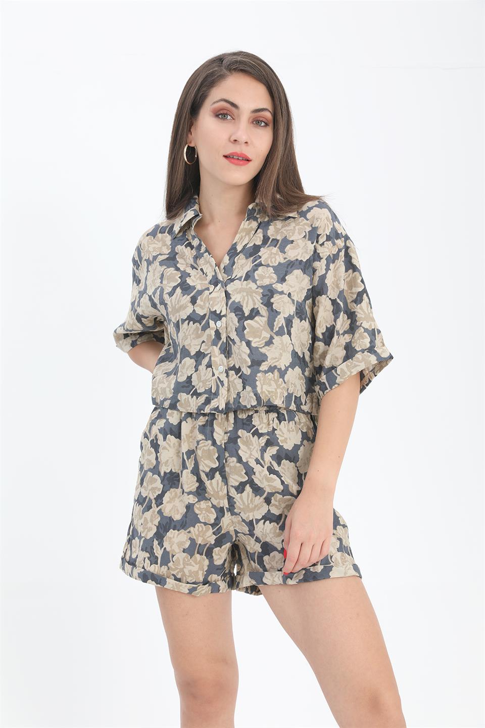 Women's Shirt with Double Layer Printed Sleeve - Navy Blue - STREETMODE ™