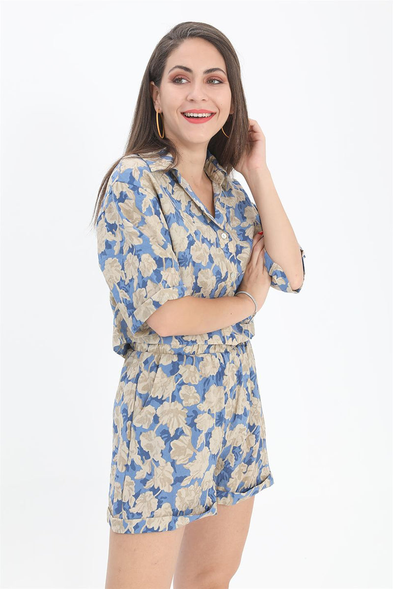 Women's Shirt with Printed Double Layered Sleeve - Blue - STREETMODE ™