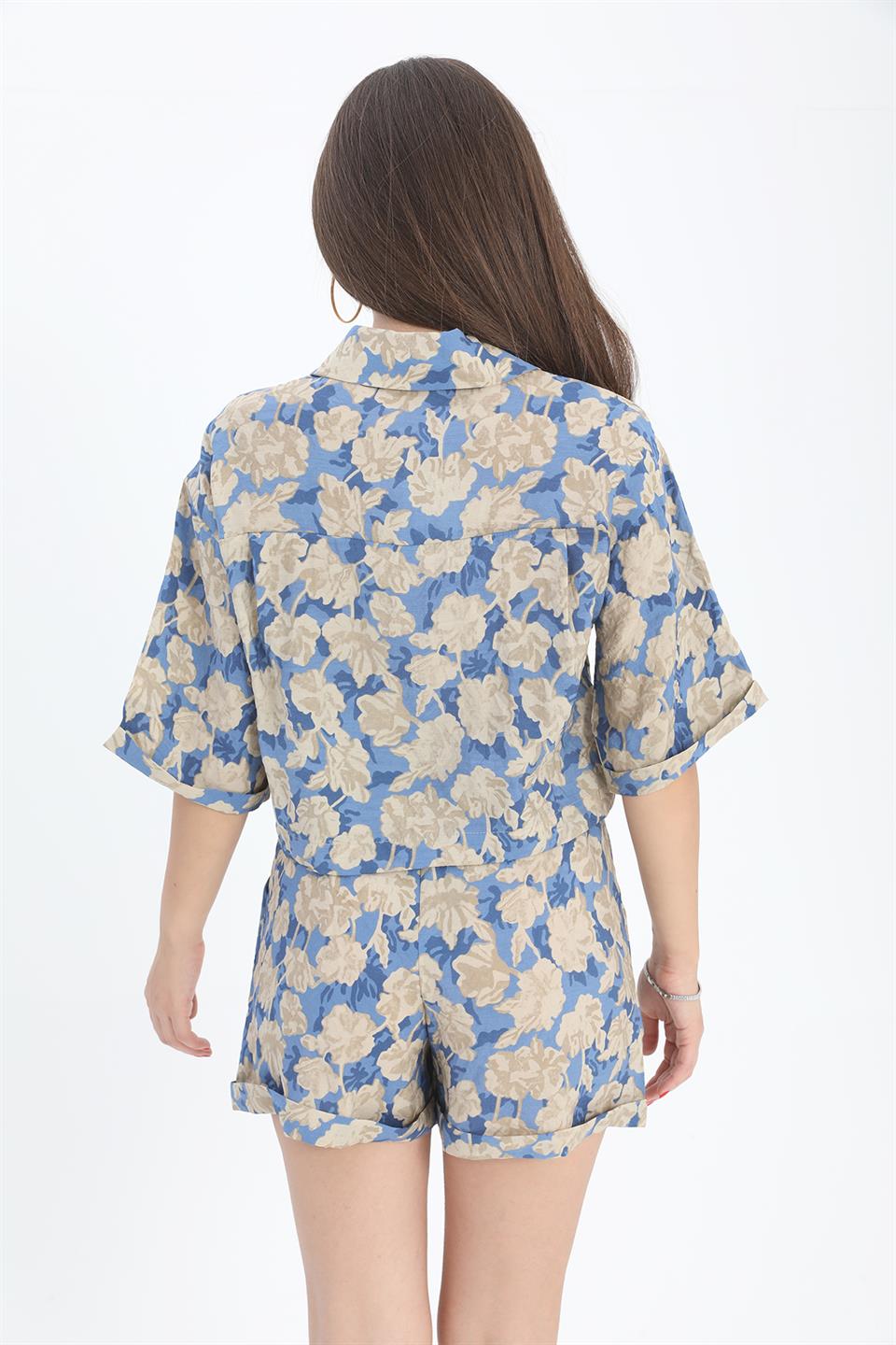 Women's Shirt with Printed Double Layered Sleeve - Blue - STREETMODE ™