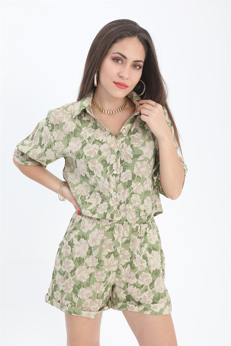 Women's Shirt Printed Double Layer Sleeve - Green - STREETMODE ™