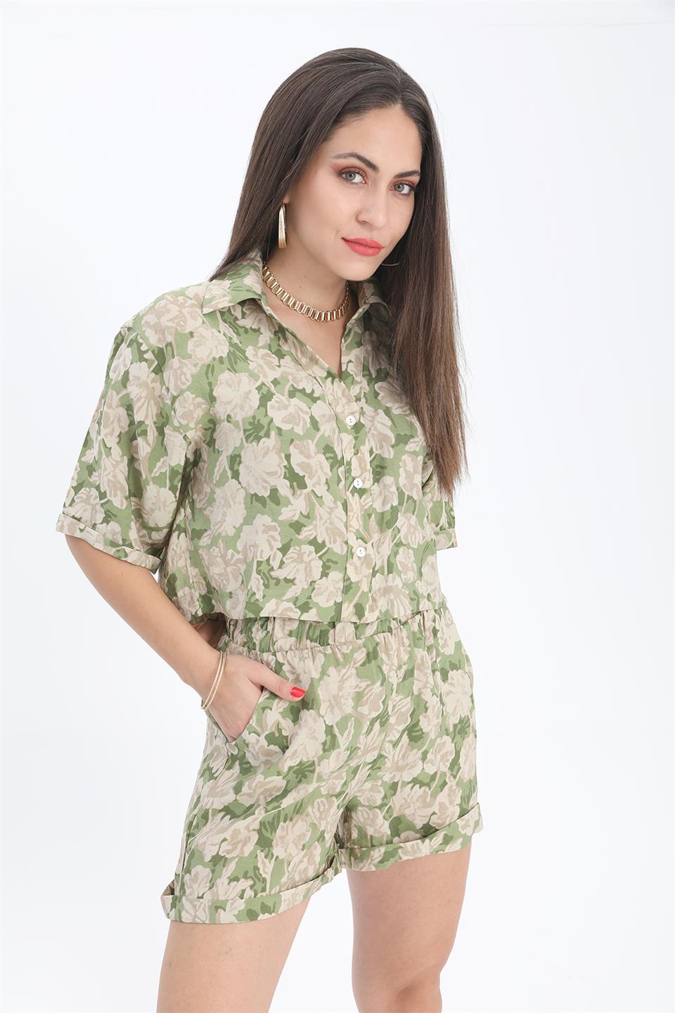 Women's Shirt Printed Double Layer Sleeve - Green - STREETMODE ™