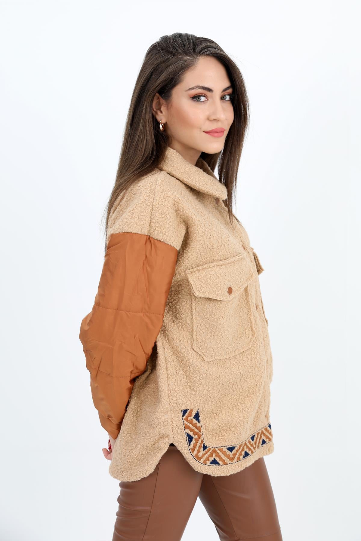 Women's Shirt Bergamo Sleeves Quilted Skirt Embroidered - Beige - STREETMODE ™