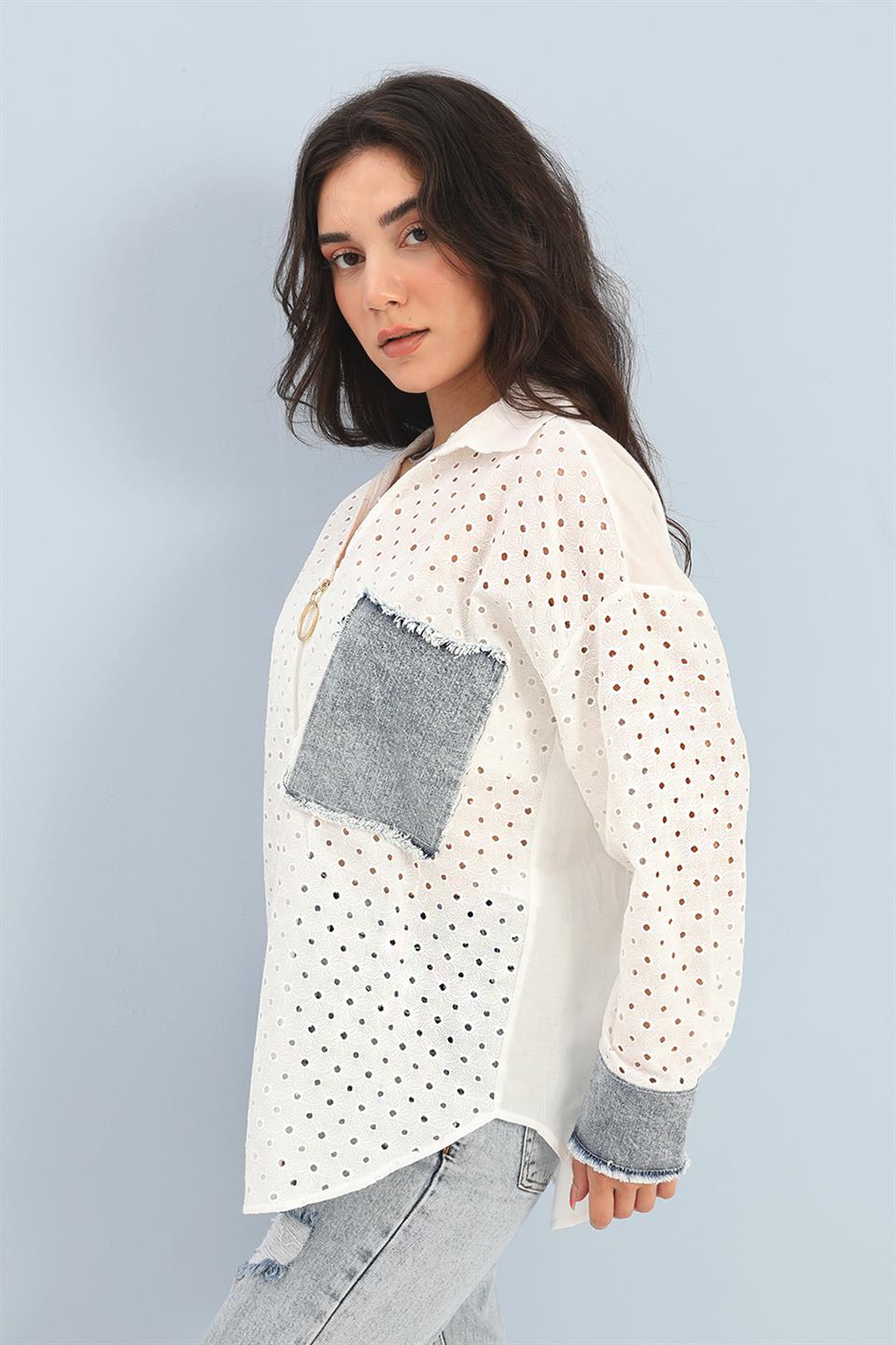 Women's Shirt Embroidered Denim Garnish Floral Pattern - White - STREET MODE ™