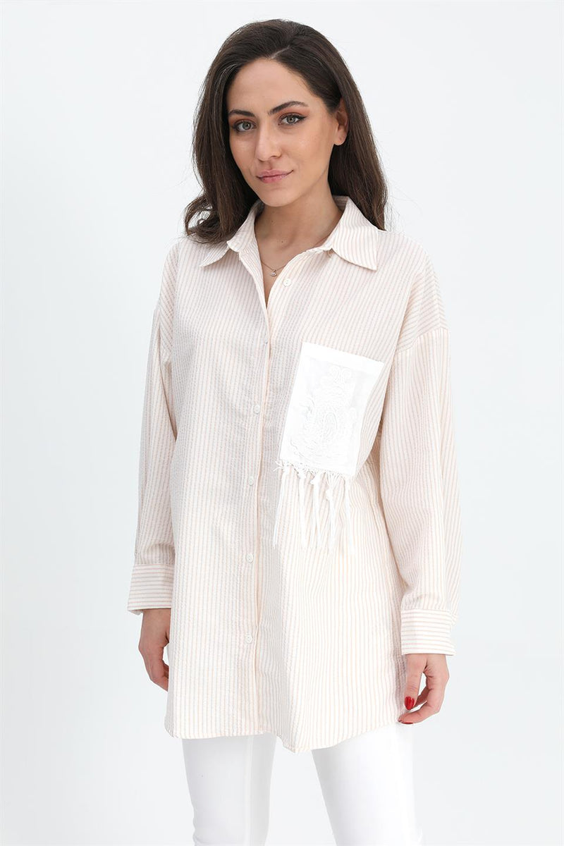 Women's Shirt Pocket Embroidery Tasseled Sequins - Beige - STREETMODE ™