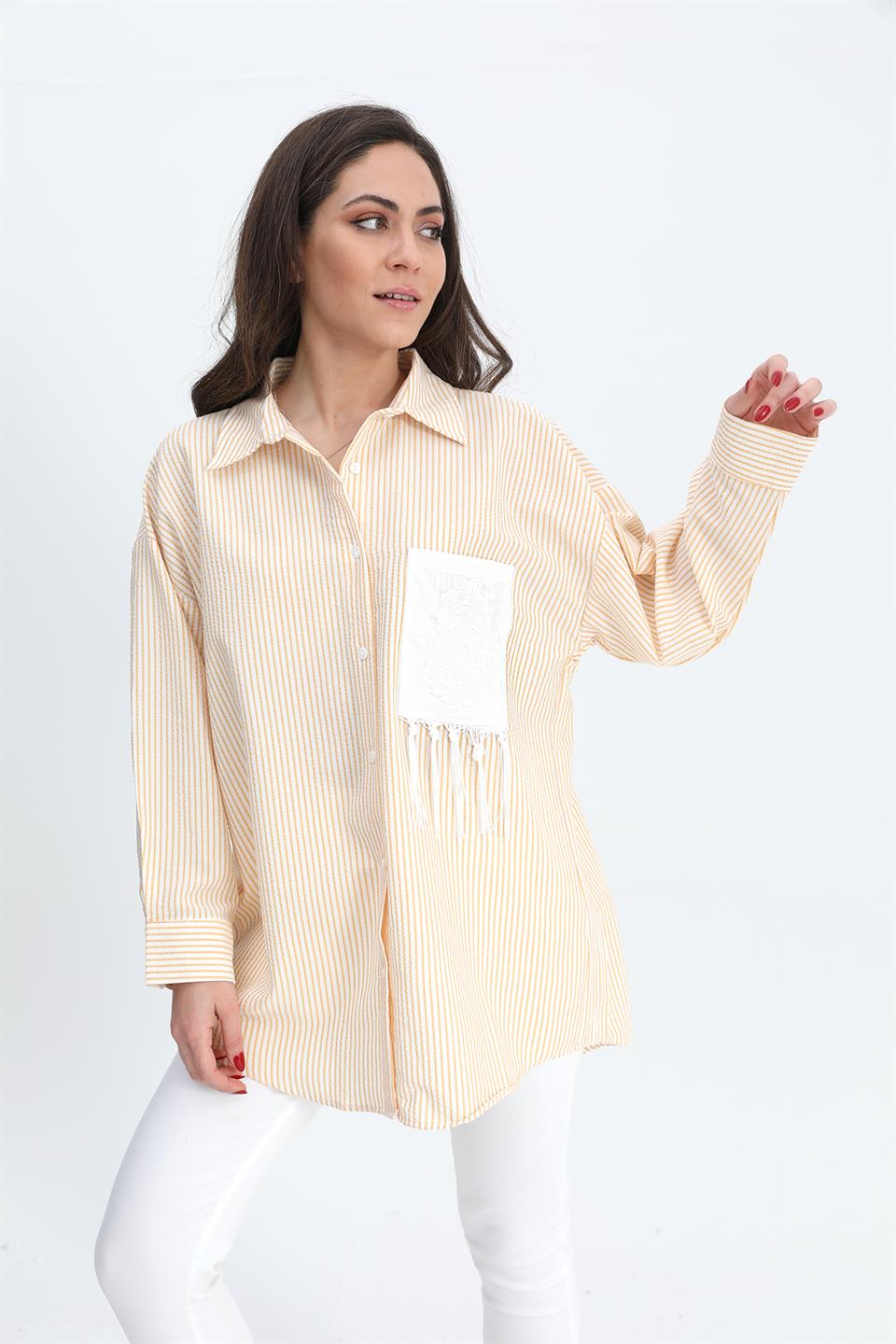Women's Shirt Pocket Embroidery Tasseled Sequins - Mustard - STREETMODE ™