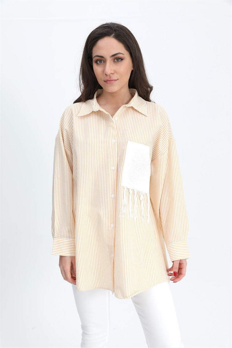 Women's Shirt Pocket Embroidery Tasseled Sequins - Mustard - STREETMODE ™