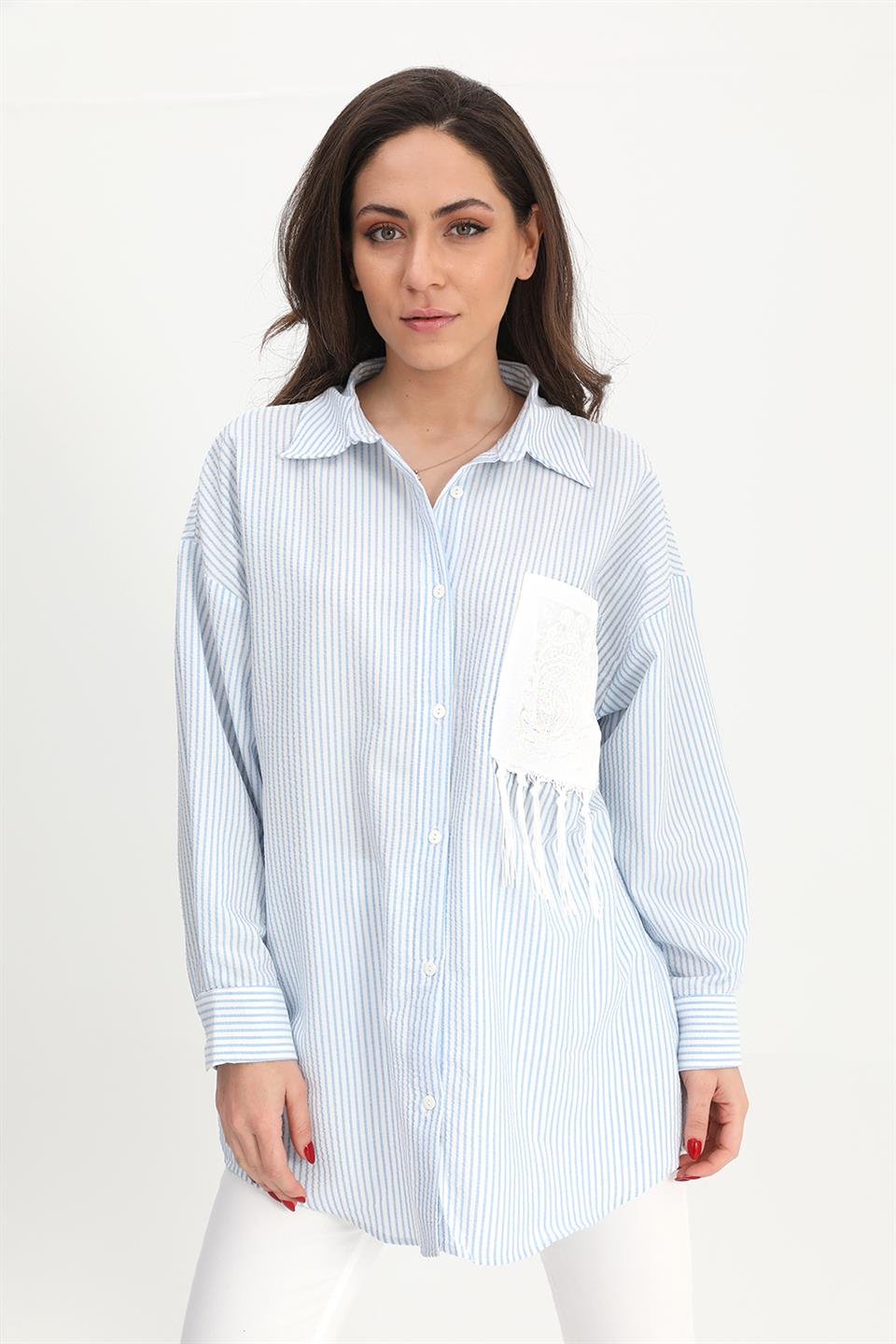 Women's Shirt Pocket Embroidery Tasseled See-through - Blue - STREET MODE ™