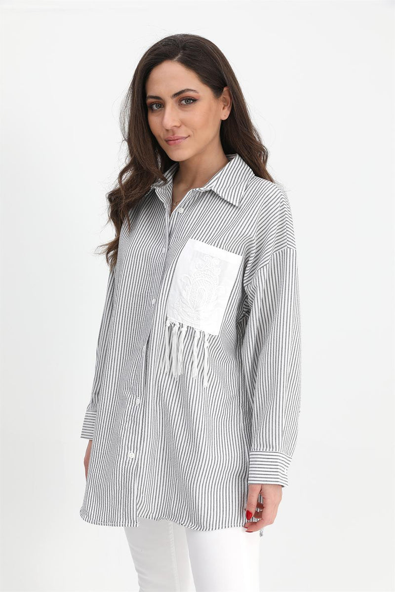 Women's Shirt Pocket Embroidery Tasseled See-through - Black - STREETMODE ™