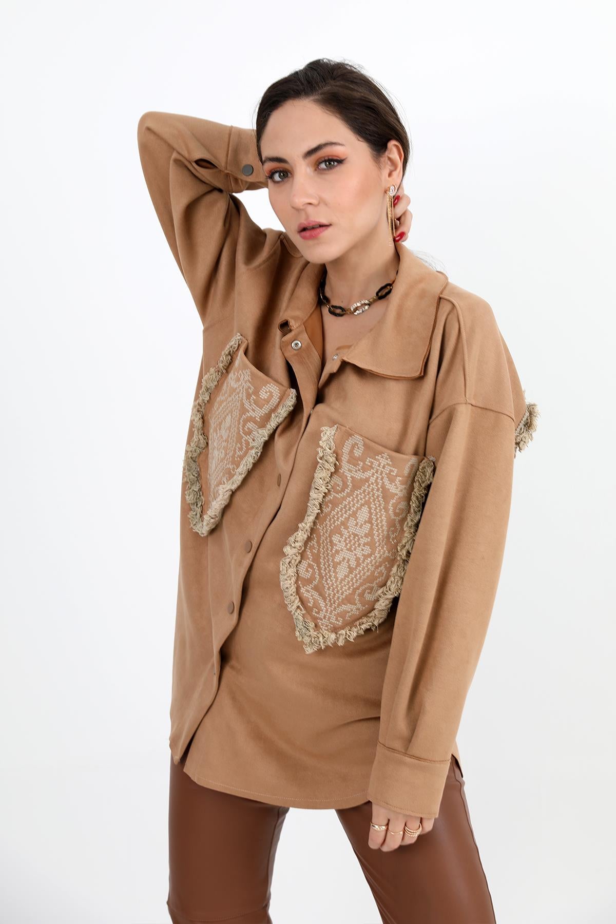 Women's Shirt Pocket Tasseled Embroidered Suede - Camel - STREETMODE ™