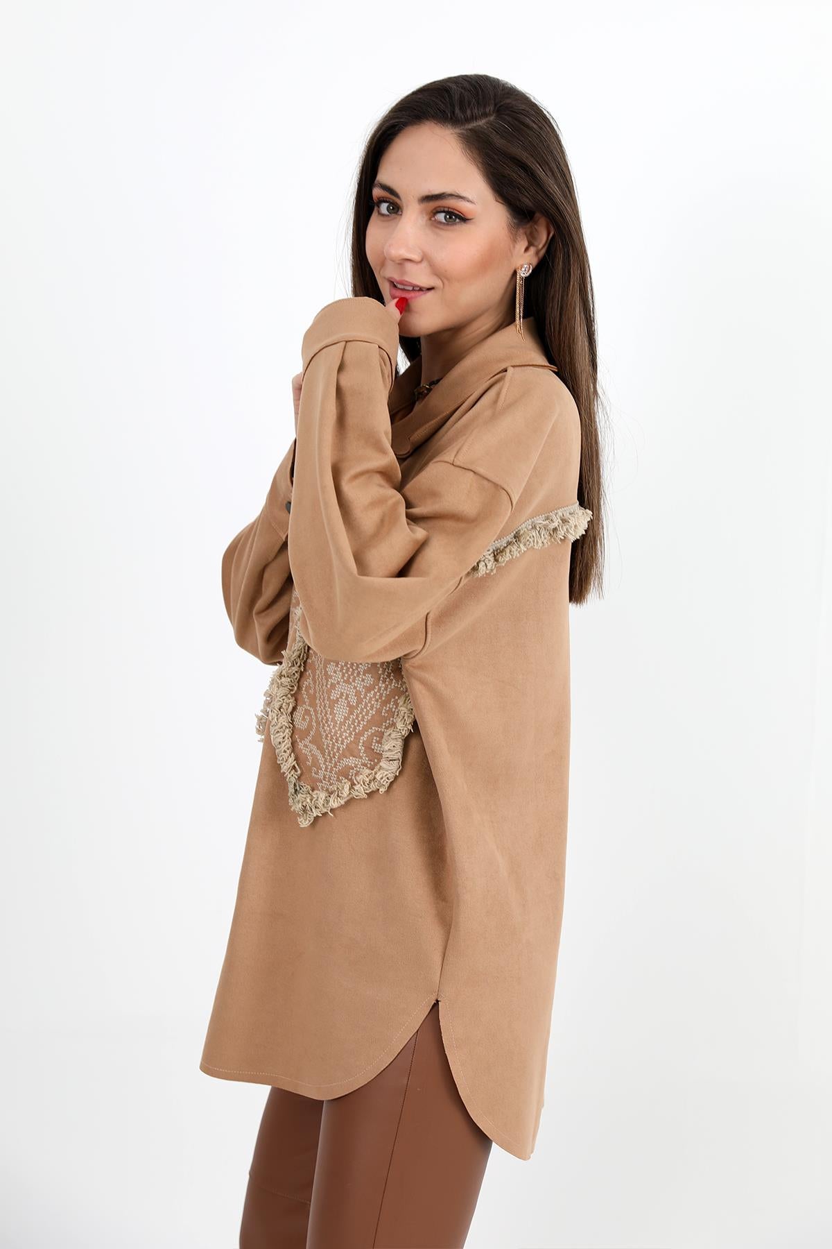 Women's Shirt Pocket Tasseled Embroidered Suede - Camel - STREETMODE ™