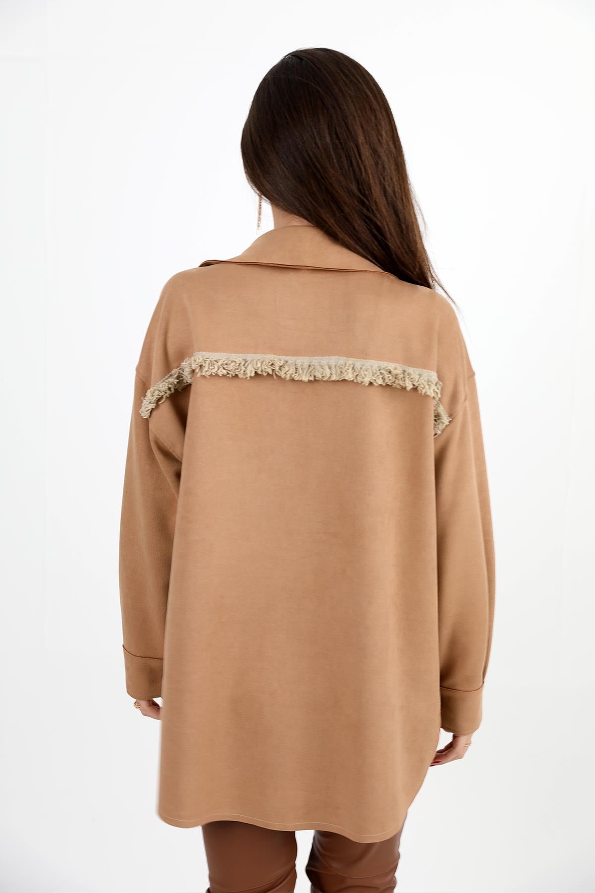 Women's Shirt Pocket Tasseled Embroidered Suede - Camel - STREETMODE ™