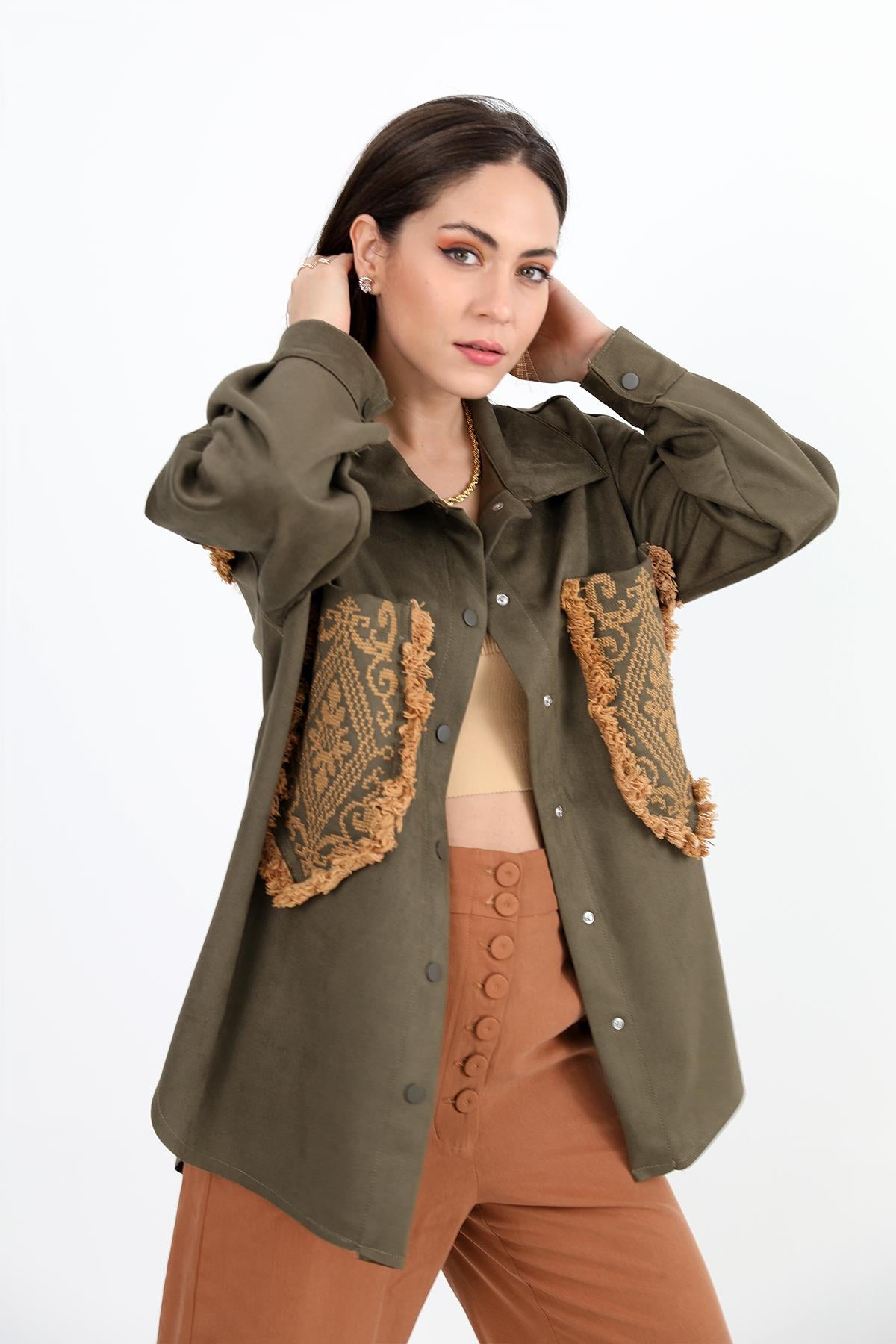 Women's Shirt Pocket Tasseled Embroidered Suede - Khaki - STREETMODE ™