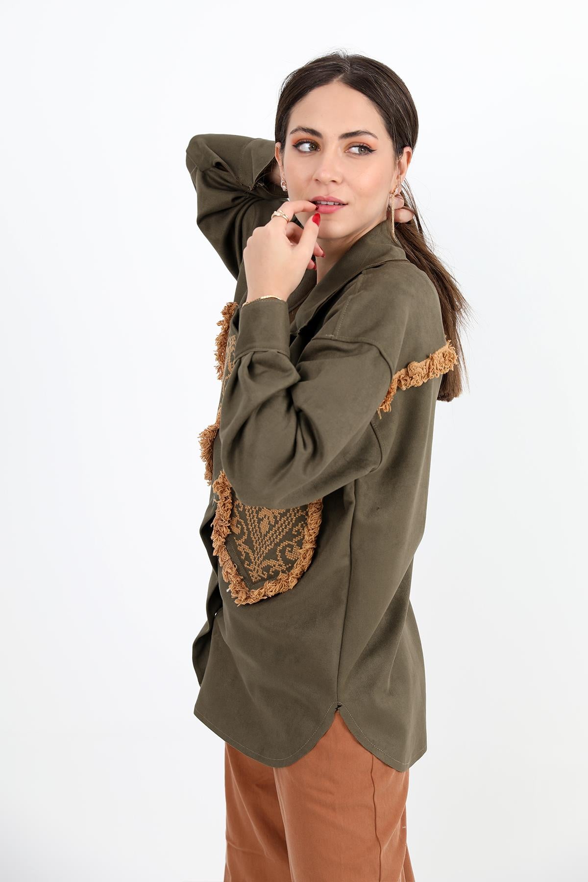 Women's Shirt Pocket Tasseled Embroidered Suede - Khaki - STREETMODE ™