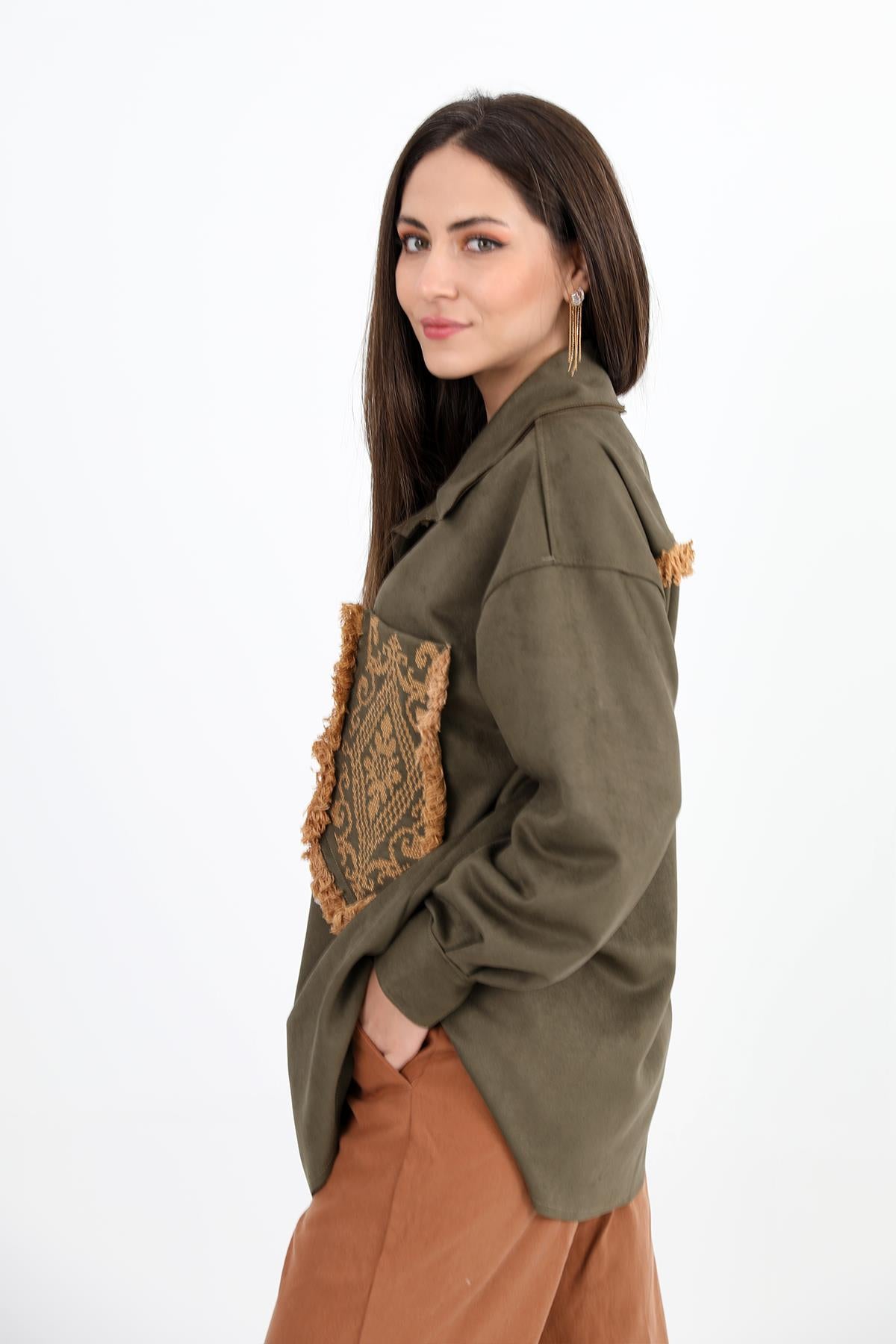 Women's Shirt Pocket Tasseled Embroidered Suede - Khaki - STREETMODE ™