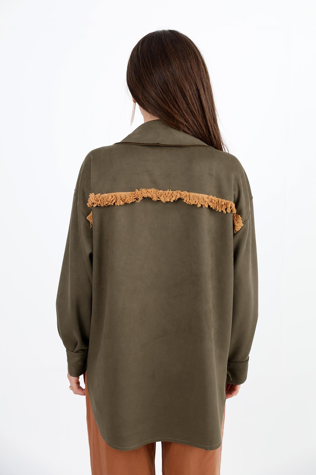 Women's Shirt Pocket Tasseled Embroidered Suede - Khaki - STREETMODE ™