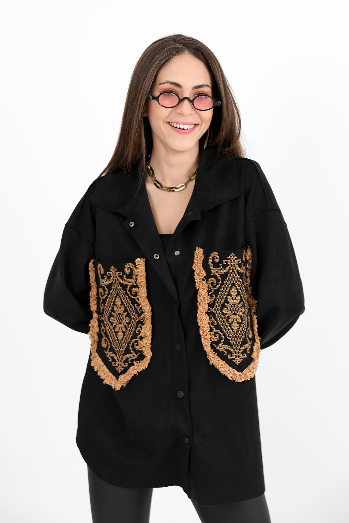 Women's Shirt Pocket Tasseled Embroidered Suede - Black - STREETMODE ™