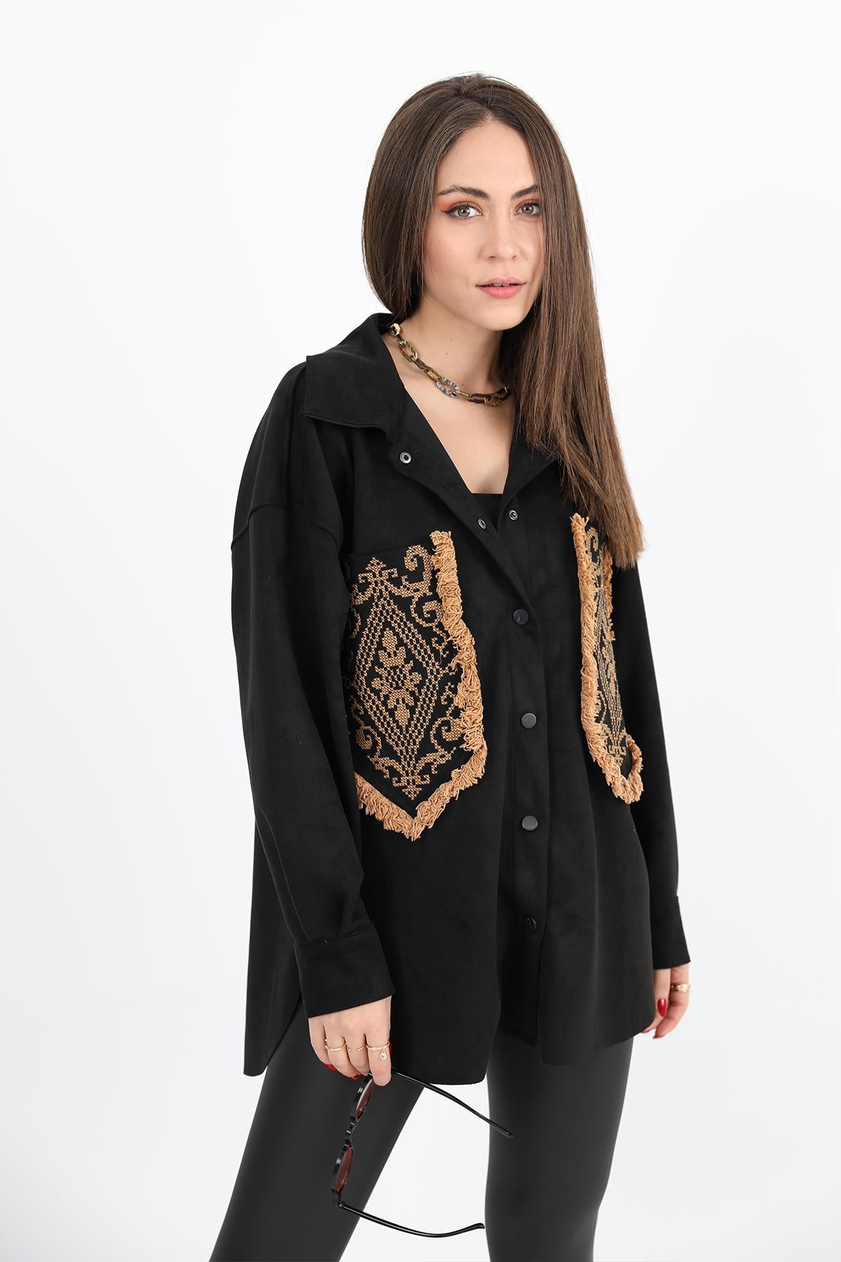 Women's Shirt Pocket Tasseled Embroidered Suede - Black - STREETMODE ™
